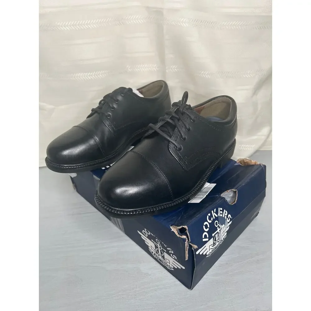 Dockers Gordon Cap Toe Oxford Mens 9.5 W Black Polished Leather Dress Shoe